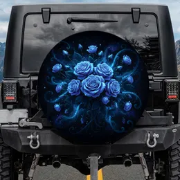Glowing Blue Rose Bouquet Dark Foliage - Deep Black Cosmic Car Decor Gift Spare Tire Cover
