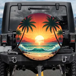 Setting Sun Tropical Ocean Horizon Palm Trees Beach Waves Sunset Sky - Travel Essentials Spare Tire Cover