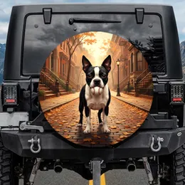 Boston Terrier Baseball Autumn Leaves Brownstone City Street - Pet Owner Gift Spare Tire Cover