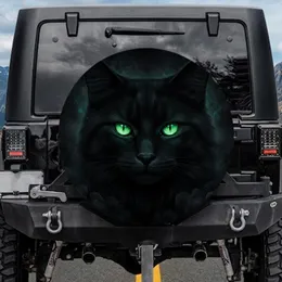 Glowing Emerald Cat Eyes Black Feline Fur Charcoal Mist - Wildlife Lover Car Decor Gift Spare Tire Cover