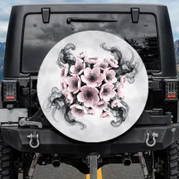 Prominent Cluster Pink Flowers Dark Smoky Mist Tendrils - Car Accessory Gift Spare Tire Cover