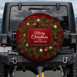 Merry Christmas Happy New Year Script Fir Branches Baubles - Christmas Holiday Gift Spare Tire Cover