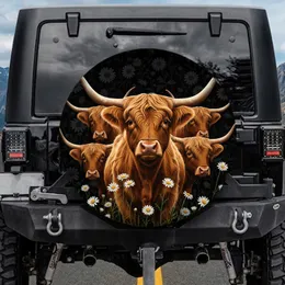Majestic Highland Cow Herd Wild Daisy Botanicals - Farmhouse Home Decor Gift for Cow Lover Spare Tire Cover
