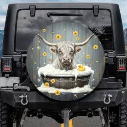 Fluffy Highland Cow Bathtub Bubbles Daisy - Farmhouse Home Decor for Cow Lover Spare Tire Cover
