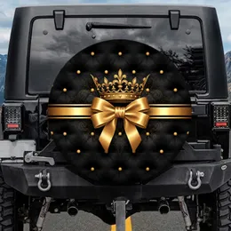 Golden Crown Satin Bow Black Tufted Gold Buttons Filigree Studs Car Enthusiast Gift Spare Tire Cover