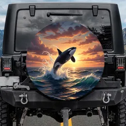 Orca Killer Whale Dark Blue Ocean Sunlit Waves Breaching Sunset - Wildlife Lover Gift Spare Tire Cover