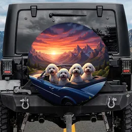 Happy Poodles Classic Car Mountain Sunset - Dog Lover Gift Spare Tire Cover