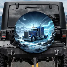 Long-Nose Semi-Truck Icy Landscape Crescent Moon - Vehicle Decor Gift Spare Tire Cover