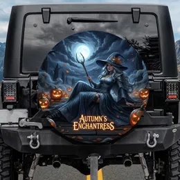 Sorceress Witch Hat Skull Jack-o'-lanterns Spectral Trees Autumn Moon - Halloween Party Gift Spare Tire Cover