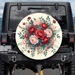 Vibrant Red Pink Rose Cluster Teal Green Foliage Berry Arrangement - Garden Lover Gift Spare Tire Cover