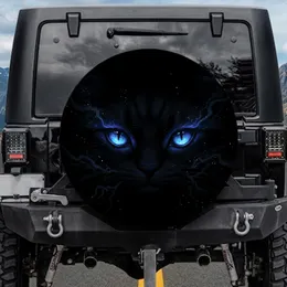 Luminous Electric Blue Cat Eyes Dark Shadow Patterns - Abyssal Black Car Accessory Gift Spare Tire Cover