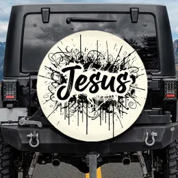 Jesus Black Brush Script Ink Splatter - Faith Lifestyle Gift for Christian Spare Tire Cover