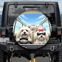 Fluffy White Dogs Car Road Trip with Sunglasses - Travel Essentials Dog Lover Gift Spare Tire Cover