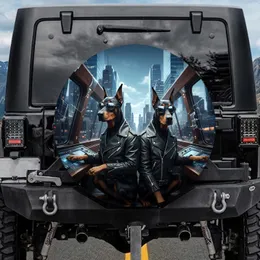 Doberman Biker Dogs Mirrored Aviator Urban Vista - Car Enthusiast Dog Lover Gift Spare Tire Cover
