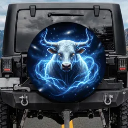 Majestic White Bull Head Lightning Electric Blue Cosmic Nebula - Wildlife Lover Gift Spare Tire Cover