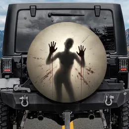 Distorted Spectral Figure Bloody Hands Against Frosted Glass - Horror Fan Gift Spare Tire Cover
