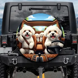 Happy Fluffy Bichon Frise Dog Family Road Trip - Vehicle Accessory for Dog Lovers Spare Tire Cover