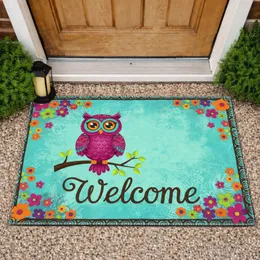 Large Eyed Owl Welcome Sign Branch Leaves Floral Border - Housewarming Gift for Owl Lover Doormat