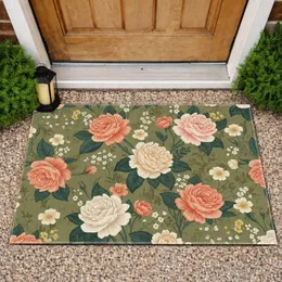 Antique Roses Peonies Botanical Sprigs Teal Leaves Home Decor Gift Doormat