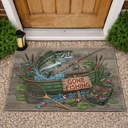 Bass Fish GONE FISHING Wooden Boat Tackle Box - Fishing Lover Home Decor Gift for Dad Doormat