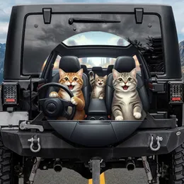 Three Tabby Cats Car Ride Urban Cityscape - Cat Lover Home Decor Gift Spare Tire Cover