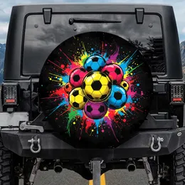 Multiple Soccer Balls Paint Splatters Grunge Textures Black Background - Sports Fan Gift Spare Tire Cover