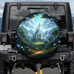Fantasy Castle Ancient Forest Glowing Lotus Waterfalls Rugged Mountains - Fantasy Lover Gift Spare Tire Cover