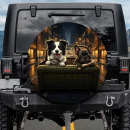 Border Collie French Bulldog Driving Night City - Car Lover Road Trip Gift Spare Tire Cover