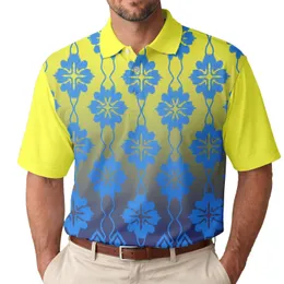 Yellow Blue Navy Ikat Four Petal Flowers Diamond Teardrops - Casual Lifestyle Wear Men's Polo Shirt