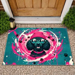 Black Poodle Hot Pink Beanie Aqua Sunglasses Paw Prints - Dog Lover Home Decor Gift Doormat