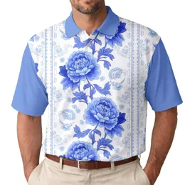Chinoiserie Blue Peony Blossoms Leafy Vines Floral - Chinoiserie Lifestyle Gift for Art Lovers Men's Polo Shirt