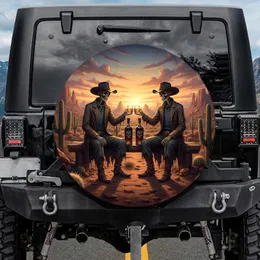 Skeletal Cowboy Figures Sharing Drinks Desert Landscape - Western Decor Gift Spare Tire Cover