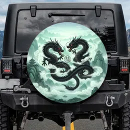 Black Eastern Dragons Misty Mountain Pagoda - Fantasy Lover Gift Spare Tire Cover