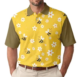 Cartoon Bees Dotted Flight Paths White Daisies - Spring Summer Holiday Gift for Bee Lovers Men's Polo Shirt