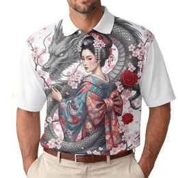 Graceful Japanese Woman Asian Dragon Cherry Blossom Roses - Everyday Wear for Japanese Culture Lover Men's Polo Shirt