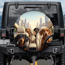 Five Dachshunds Riding in Car Urban Cityscape Golden Hour Adventure - Dog Lover Travel Gift Spare Tire Cover