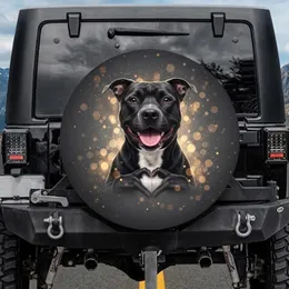 Smiling Black Pitbull Dog White Chest Heart Paws Bokeh Lights - Home Decor Gift for Dog Lovers Spare Tire Cover