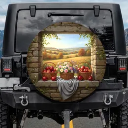 Rustic Stone Window Baskets Apples Flowers - Farmhouse Home Decor Gift Spare Tire Cover