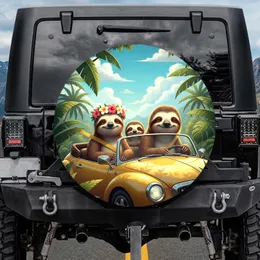 Sloths Driving Yellow Car Tropical Foliage - Travel Essentials for Sloth Lover Spare Tire Cover