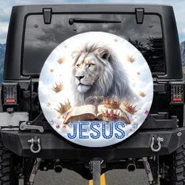 Majestic White Lion Bible Cross JESUS Golden Crowns - Christian Gift for Believers Spare Tire Cover