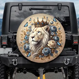 White Lion Golden Crown Flowers Blue Butterflies Botanical - Wildlife Lover Home Decor Gift Spare Tire Cover