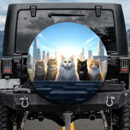 Fluffy White Cat Diverse Felines City Skyline - Cat Lover Gift Spare Tire Cover
