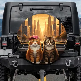 Realistic Orange Tabby Brown Cat Golden Hour Cityscape - Cat Lover Travel Gift Spare Tire Cover
