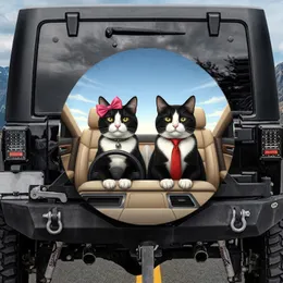 Tuxedo Cats Pink Bow Red Tie Steering Wheel - Road Trip Cat Lover Gift Spare Tire Cover