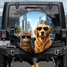 Tabby Cat Golden Retriever Sunglasses Urban Car Scene - Pet Lover Gift Spare Tire Cover