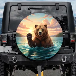 Grizzly Bear Waving Ocean Water Sunrise - Wildlife Lover Gift Spare Tire Cover