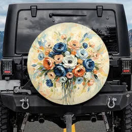 Blue White Peach Orange Floral Bouquet Swirling Brushstrokes - Home Decor Gift for Flower Lover Spare Tire Cover