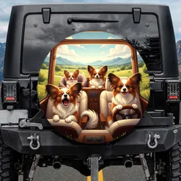 Four Papillon Dogs Car Interior Landscape - Road Trip Adventure Gift for Dog Lovers Spare Tire Cover