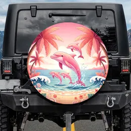 Playful Pink Dolphins Tropical Landscape - Tropical Getaway Gift for Dolphin Lover Spare Tire Cover