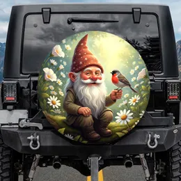 Elderly Garden Gnome White Beard Brown Bird Wildflowers Garden - Garden Lover Gift Spare Tire Cover